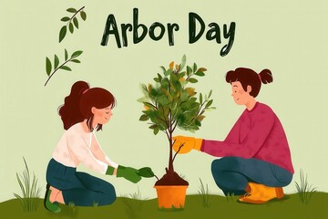 Young caucasian female planting tree on arbor day celebration illustration.