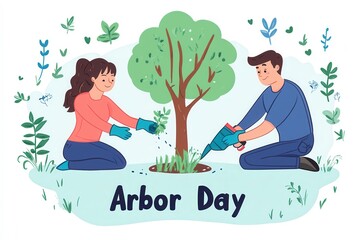 Young caucasian couple planting tree for arbor day celebration outdoors.