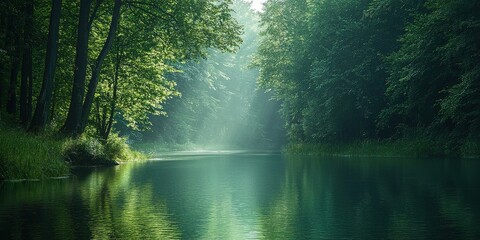Serene river flowing through lush green trees with calm waters reflecting the surrounding beauty of nature