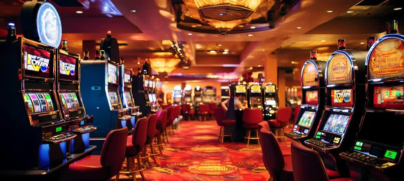 Vibrant casino slot machines with glowing lights and reflective surfaces capturing gambling atmosphere