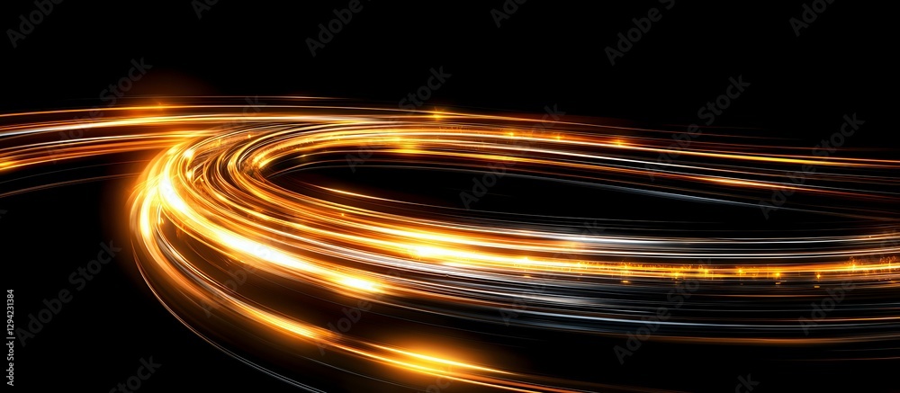 Poster glowing golden light trails curve dynamically against dark background creating futuristic motion eff