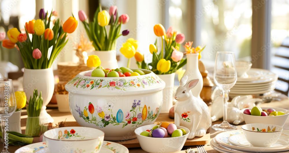 Poster Festive spring table setting adorned with colorful flowers and decorative Easter elements
