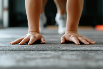 Hands positioned on fitness mat, preparing for exercise. focus is on strength and determination, showcasing effort involved in physical training