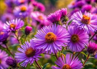 Obraz premium New England Aster Flowers, Purple Autumn Blooms, October Wildflowers, High-Resolution Stock Photo