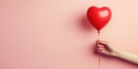 Hand holding a red heart-shaped balloon against a soft pink background, perfect for romantic occasions and celebrations