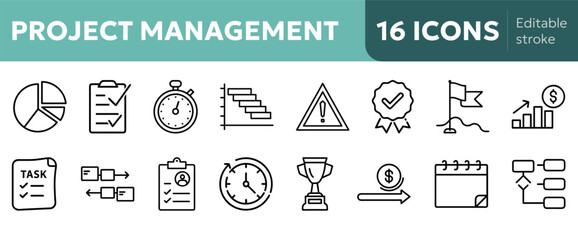 project management icons i task list,  chart, board, calendar, milestone flag, progress bar, budget tracker, deadline clock, risk management