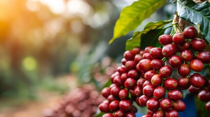 Harvesting Ripe Red Coffee Cherries Coffee Farm Nature Scene Lush Environment Close-Up View Agriculture Process