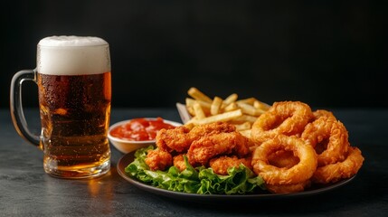 A delicious platter featuring fried chicken, onion rings, fries, and a cold beer, perfect for a casual meal or gathering.