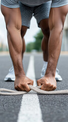 person is preparing for fitness challenge by gripping rope on road, showcasing strength and determination. scene captures essence of physical training and community spirit