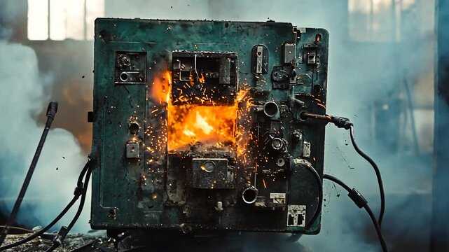 Dangerous malfunctioning electrical machine engulfed in flames and thick smoke