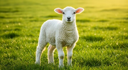 Obraz premium Cute Lamb Standing in Grassy Field During Golden Hour Sunlight - Easter Lamb in a Spring Meadow