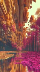 Obraz premium Abstract Forest: An imaginative digital artwork depicts a surreal landscape with colorful cubic structures that mimics a forest, and the reflections. 