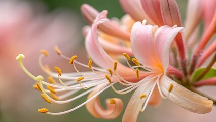 Fototapeta premium Honeysuckle Bloom: A close-up shot captures the delicate beauty of honeysuckle blossoms in soft pastel hues, showcasing intricate details of the petals and stamens
