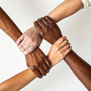 hands of different skin tones joined together in unity symbol