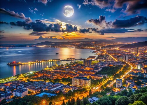 Night Aerial Panoramic of Izmit, Marmara Sea, Turkey - City Lights & Moonlight