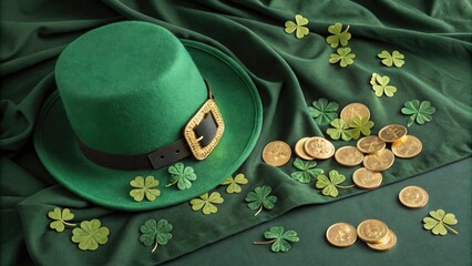 Leprechaun hat with gold coins and shamrocks in a celebratory mood on a rich green fabric backdrop with words concept