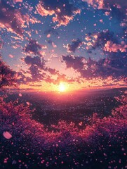 Fototapeta premium Stunning sunset with pink flowers in the foreground creating a beautiful contrast against the colorful sky