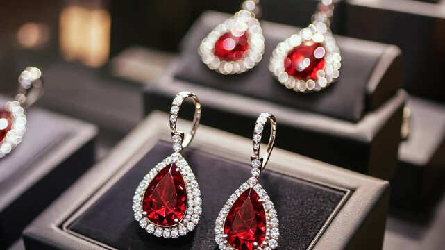 Elegant red gemstone earrings displayed in a luxurious jewelry store setting with glittering accents