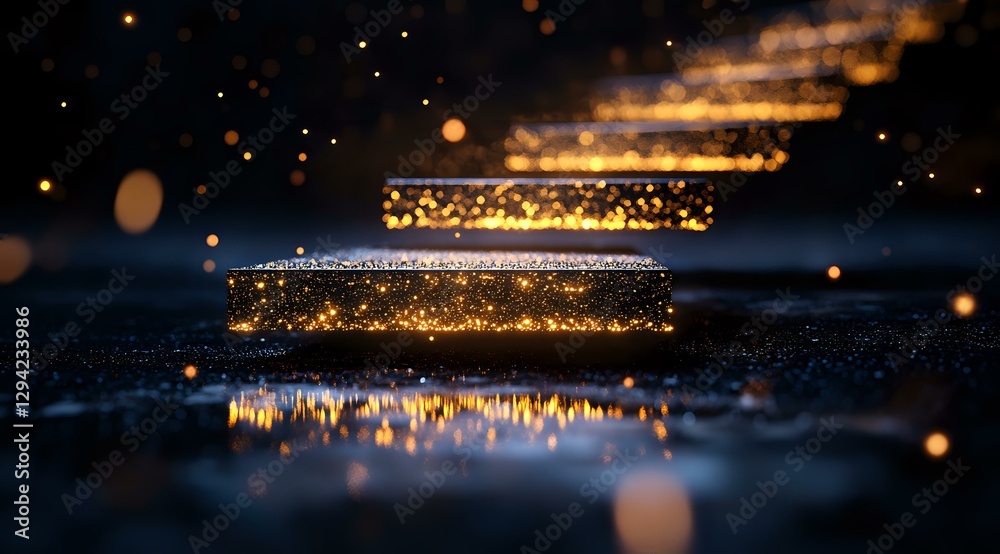 Poster Magical glowing golden light strips floating over reflective dark surface with bokeh particles and sparkles creating mystical atmospheric scene.