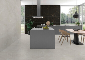 3D Render of a Chic Kitchen and Dining Space Featuring Light Tiling and Bold Black Accents