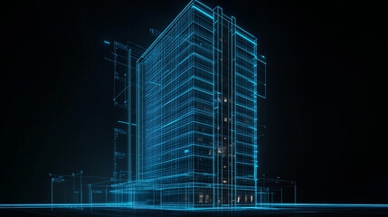 A photorealistic architectural rendering of a high-rise office building in blueprint form, showcasing a precise wireframe model with transparent façades