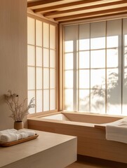 Luxurious Japanese themed bathroom showing light and shadow from a window