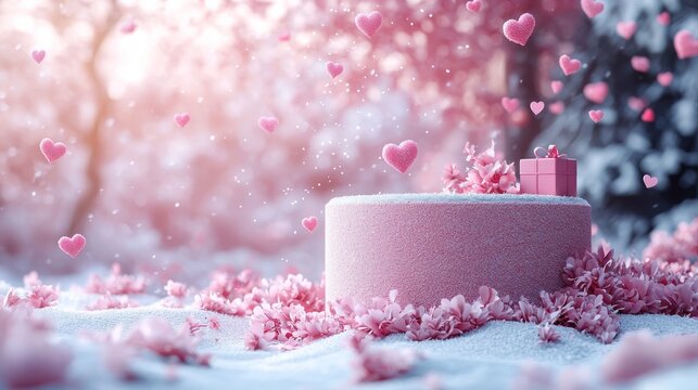 Valentines Day background: cylindrical podium on snow, pink hearts falling, pink gift boxes - Powered by Adobe