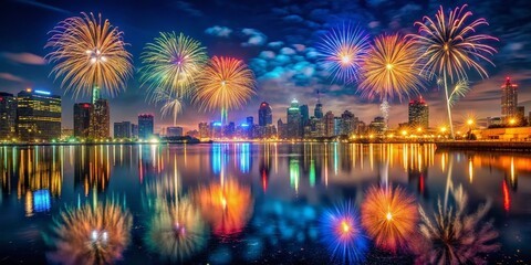 Obraz premium Night City Lights & Fireworks Bay Long Exposure Stock Photo