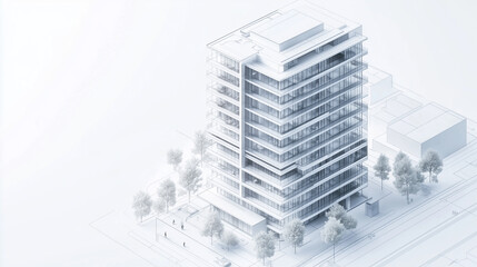 Fototapeta premium A precise isometric architectural visualization of a modern high-rise office building, featuring a blueprint-style rendering with clean white lines on a light gray background