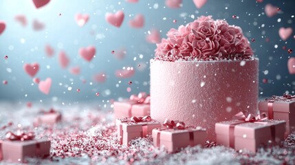 Valentines Day background: cylindrical podium on snow, pink hearts falling, pink gift boxes