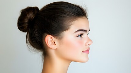 Obraz premium Side profile of young Asian woman with hair bun and natural makeup against light background, expressing serenity and confidence. Suitable for beauty and wellness concepts.