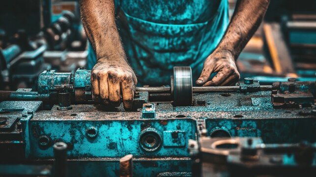 Worker Adjusting Rollers in Close-Up Inside Commercial Printing Press