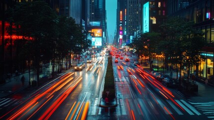 Time-lapse of a busy city street, with car lights creating streaks. 