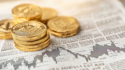 Golden coins stacked on financial newspaper with market trends