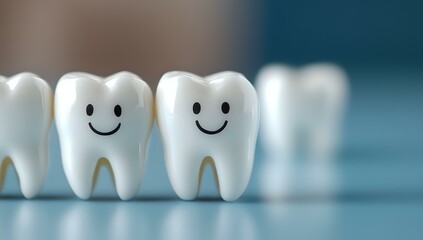 Smiling teeth models in row showing happy healthy dental concept. Close up view of white tooth figurines with drawn smiley faces on blue background.
