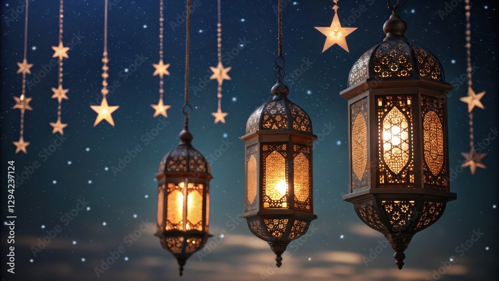 Poster three ornate lanterns hang against a starry night sky, casting a warm glow and creating a magical, e