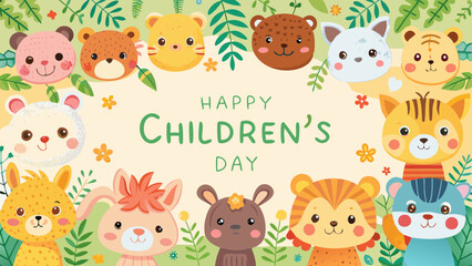 Obraz premium Cute watercolor animals background, hand-painted friendly cartoon animals in bright colors, adorable and playful theme for Children’s Day with copy space 