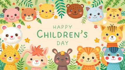 Cute watercolor animals background, hand-painted friendly cartoon animals in bright colors, adorable and playful theme for Children’s Day with copy space  