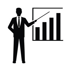 Expert presenter silhouette accurately points at bar chart with precision