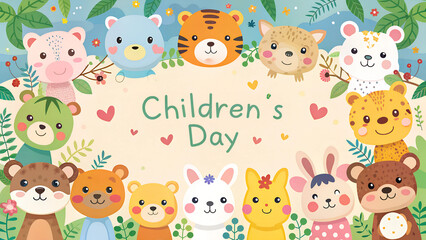 Obraz premium Cute watercolor animals background, hand-painted friendly cartoon animals in bright colors, adorable and playful theme for Children’s Day with copy space 