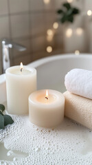 serene nighttime self care scene featuring candles, bubble bath, and soft towels, creating relaxing atmosphere for rejuvenation and tranquility
