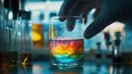Scientist holding colorful chemical reaction beaker in lab