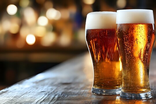 Two frosty glasses of draft beer with rich amber color and foamy heads on rustic wooden bar counter against warm blurred bokeh background.