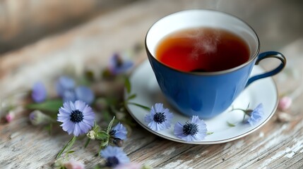 Cup of freshly brewed black tea in blue porcelain teacup with delicate purple chicory flowers on rustic wooden surface, soft natural lighting.