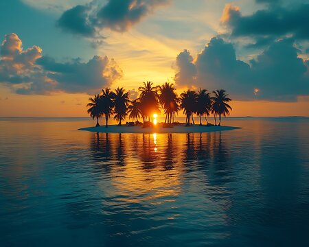A tropical sunset over calm ocean waters with palm trees