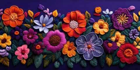 Vibrant floral embroidery showcasing intricate designs with diverse colors and textures