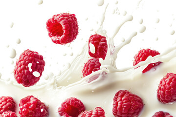 fresh raspberries with milk splash isolated on transparent background