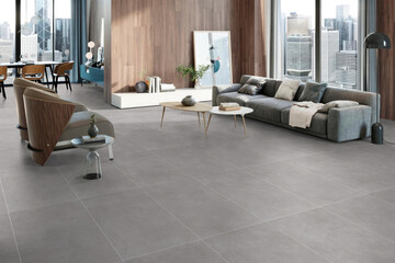 3D Render of a Contemporary Living Room with Gray Tiling and Urban City Views