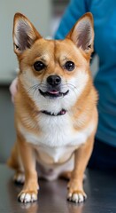 Smiling chihuahua dog with pointed ears in blue collar. Cute small breed pet portrait. Friendly companion animal. Domestic canine with happy expression. Loyal furry friend.