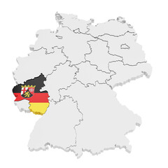 Germany and all its states. The state Rhineland-Palatinate (Rheinland-Pfalz) highlighted and covered according to official flag. Isolated on transparent background